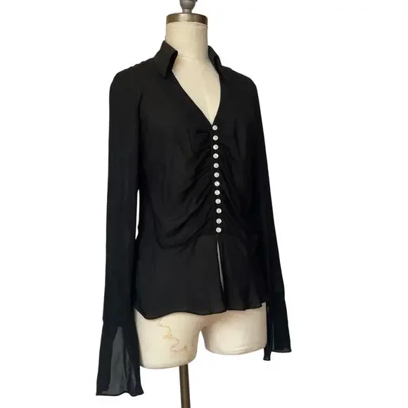 2000's Y2K top size 10 Anne Klein black sheer button up silk whimsigoth witchy - Picture 4 of 8